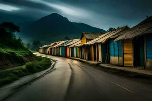 a long exposure photo of a road lined with colorful houses. AI-Generated