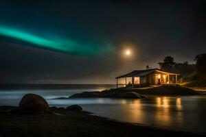 el Aurora borealis luces arriba el cielo terminado el océano. generado por ai foto