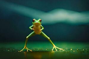 a frog standing on its hind legs with its legs spread. AI-Generated photo