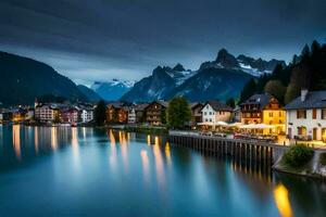 photo wallpaper the sky, mountains, lake, houses, switzerland, alpine, lake,. AI-Generated