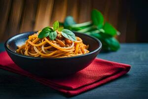 espaguetis con tomate salsa en un cuenco en un de madera mesa. generado por ai foto