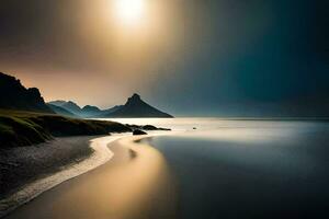 el Dom es brillante terminado un playa y montañas. generado por ai foto