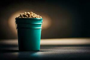 a bucket filled with peanuts on a dark table. AI-Generated photo