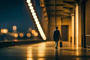 un hombre caminando abajo un largo pasillo a noche. generado por ai foto