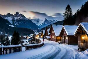 a snowy village in the mountains with a road leading to it. AI-Generated photo