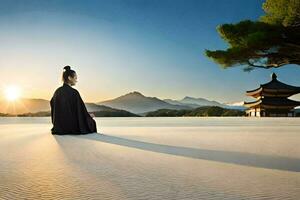 un mujer en un negro túnica se sienta en el arena a puesta de sol. generado por ai foto