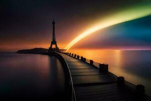 un arco iris ligero brilla terminado el agua y el eiffel torre. generado por ai foto