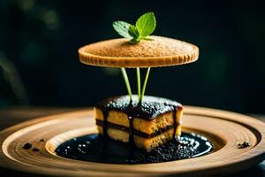 un postre en un plato con un rebanada de pastel. generado por ai foto