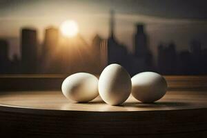 three eggs on a table with a city in the background. AI-Generated photo