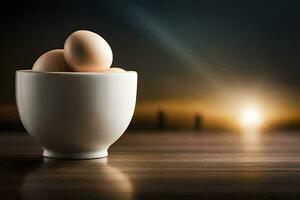 huevos en un taza en un mesa. generado por ai foto