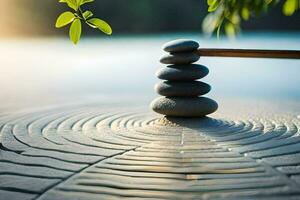 a stack of stones on a stone table. AI-Generated photo