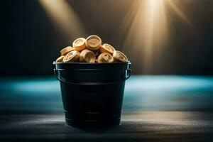 bucket of coins on a dark background. AI-Generated photo