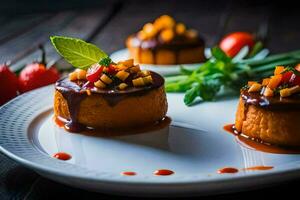 three small cakes with chocolate and fruit on a white plate. AI-Generated photo