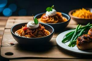 Tres bochas de comida en un de madera mesa. generado por ai foto