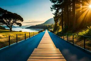 a wooden walkway leads to a lake and mountains. AI-Generated photo