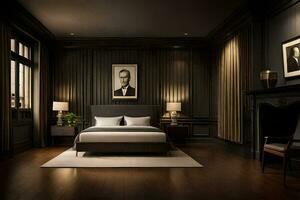 a bedroom with dark wood floors and a bed. AI-Generated photo