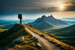 el hombre en el montaña. generado por ai foto