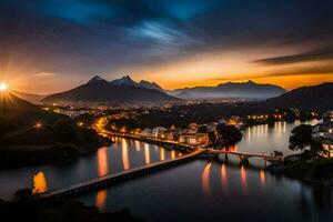 foto fondo de pantalla el cielo, montañas, puente, ciudad, río, atardecer, lago, montañas,. generado por ai