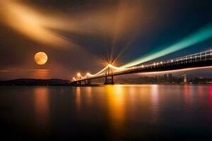 the moon is shining brightly over a bridge. AI-Generated photo