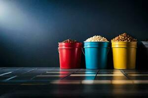 a row of colorful buckets with different types of food. AI-Generated photo