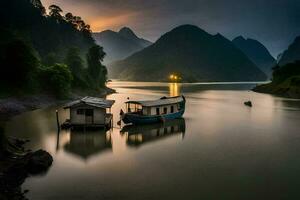 a boat sits on the water in front of mountains. AI-Generated photo