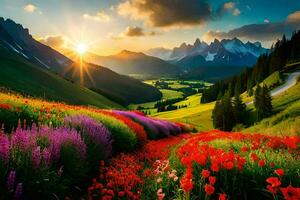 the sun rises over a field of flowers and mountains. AI-Generated photo