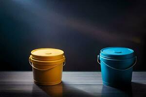 two blue and yellow buckets on a dark table. AI-Generated photo