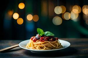espaguetis con tomate salsa y albahaca hojas en un lámina. generado por ai foto