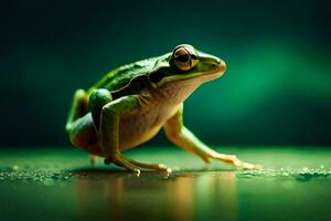 a frog is standing on a green surface. AI-Generated photo