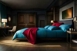 a bedroom with blue walls and a red bed. AI-Generated photo