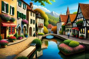 a painting of a small town with a canal. AI-Generated photo