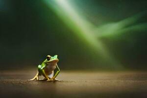 un rana sentado en el suelo en frente de un verde ligero. generado por ai foto