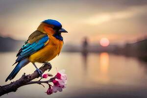 a colorful bird sits on a branch near a lake. AI-Generated photo