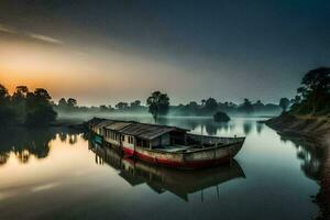 a boat sits on the river at sunrise. AI-Generated photo