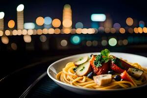 a plate of pasta with a cityscape in the background. AI-Generated photo