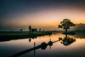 a tree is reflected in the water at sunset. AI-Generated photo