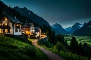 foto fondo de pantalla el cielo, montañas, camino, casa, camino, el noche, el montañas,. generado por ai