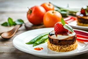 dos platos con comida en a ellos, incluso un fresa y un tomate. generado por ai foto