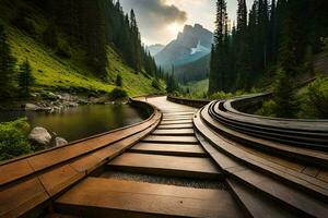 a wooden walkway leads to a mountain lake. AI-Generated photo