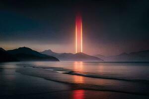 a red beam of light is shining over the ocean. AI-Generated photo