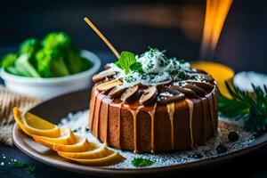 un postre con un vela y un cuchara. generado por ai foto