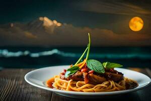 spaghetti with meat and vegetables on a plate with a full moon in the background. AI-Generated photo