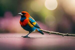 a colorful bird is standing on a branch. AI-Generated photo