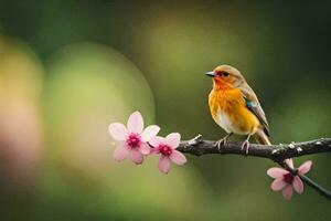 a bird sits on a branch with pink flowers. AI-Generated photo