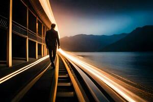 a man walking on a train track with light trails. AI-Generated photo