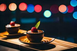 two desserts sit on a wooden tray with lights in the background. AI-Generated photo