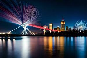 un ciudad horizonte con vistoso luces y fuegos artificiales. generado por ai foto