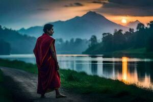 a monk in red robes stands by the water at sunset. AI-Generated photo