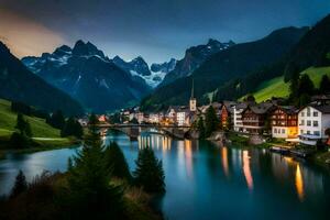 the village of switzerland is lit up at dusk. AI-Generated photo