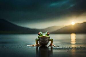 a frog sitting on the ground in front of a lake. AI-Generated photo